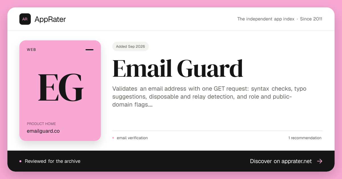 AppRater — Validates an email address with one GET request: syntax checks, typo suggestions,…
