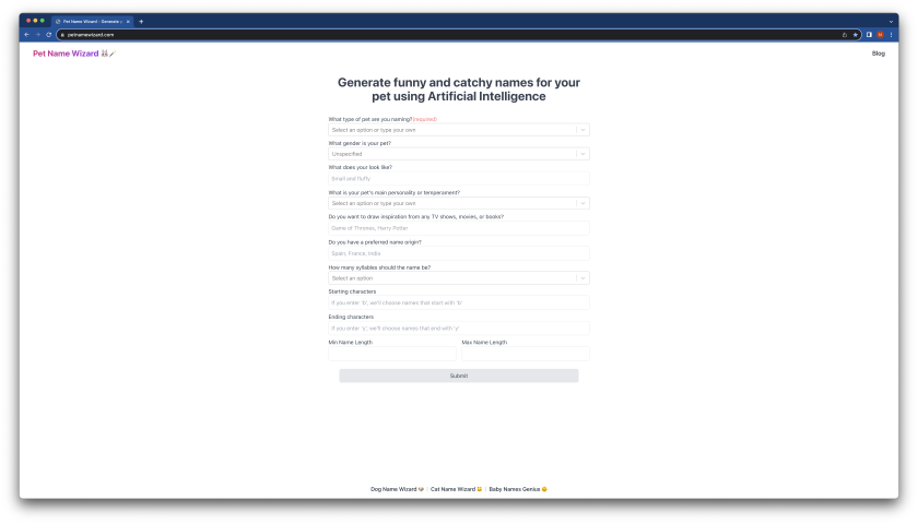 Pet Name Wizard Generate Funny And Catchy Names For Your Pet Using AI 